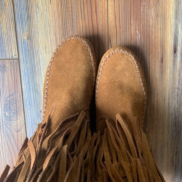 LC Lauren Conrad chestnut brown fringe Moccasin midcalf flat boots - Picture 6 of 7